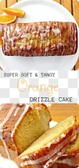 A delicious glazed orange loaf cake with sliced pieces served on a white plate.