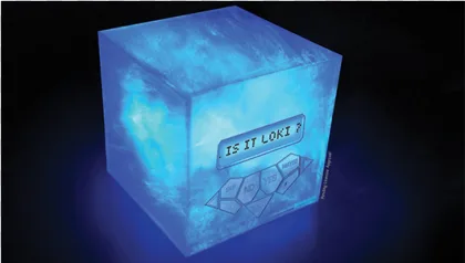 A glowing blue ice cube with digital text on a transparent background.