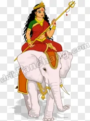 Goddess Durga riding a white elephant on a transparent background.