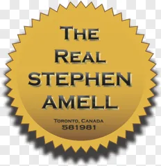 A gold seal with The Real Stephen Amell text on a transparent background.