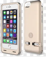 A gold smartphone with an integrated battery case displayed on a transparent background.