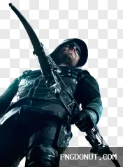 Green Arrow superhero archer man posing with bow in a dramatic studio transparent PNG.