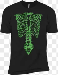 A black t-shirt printed with a vibrant green skeleton ribcage on a transparent background.