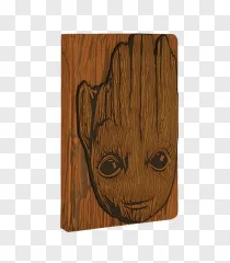 A detailed Groot face carved into a wooden plank on a transparent background.
