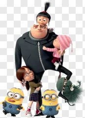 Gru and his family with minions displayed on a transparent background.