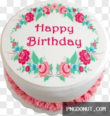 Happy Birthday cake with floral wreath decoration transparent PNG.
