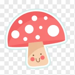 A happy cartoon mushroom with a red cap is displayed on a transparent background.