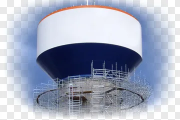 An industrial water tower under construction surrounded by scaffolding on a transparent background.