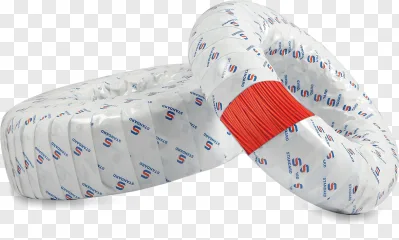An industrial wire coil wrapped in plastic is shown on a transparent background.