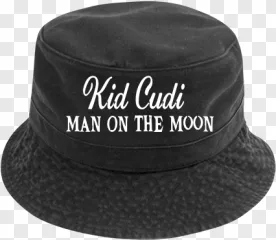 A black bucket hat with Kid Cudi Man on the Moon text on a transparent background.