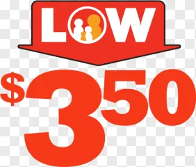 A red low price tag with a family icon and dollar sign on a transparent background.