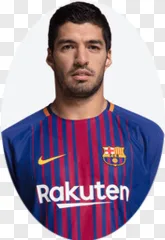Luis Suarez in a Barcelona football jersey on a transparent background.