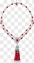 A luxury ruby and diamond tassel necklace displayed on a transparent background.