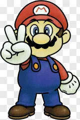 Mario character making a peace sign gesture on a transparent background.