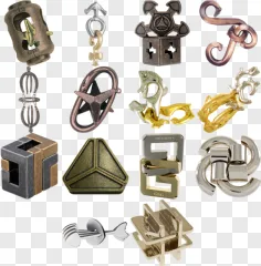 A collection of metal brain teaser puzzles shown on a transparent background.