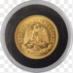 Mexican gold coin with eagle emblem on a transparent background.