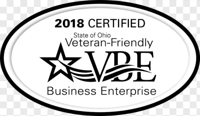 A certified Ohio veteran friendly business enterprise seal badge on a transparent background.