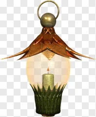 An ornate leaf lantern with a burning candle on a transparent background.