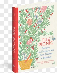 The Picnic cookbook cover with strawberries and butterflies on a transparent background.