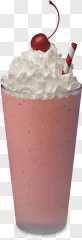A delicious pink milkshake topped with whipped cream and a cherry on a transparent background.
