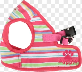 A pink striped puppy harness with a paw print logo on a transparent background.