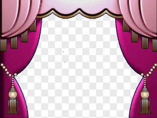 A pink theatrical stage curtain frame with gold tassels on a transparent background.