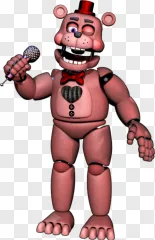 A pink toy bear holding a microphone character on a transparent background.