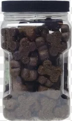 A clear plastic jar filled with bone-shaped dog treats on a transparent background.