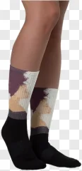 Printed socks featuring woman portrait displayed on a transparent background.