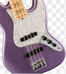 Close-up of a sparkling purple electric bass guitar on a transparent background.