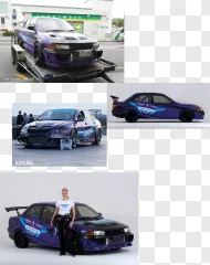 A purple modified sports car loaded on a trailer shown on a transparent background.