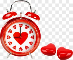 A red alarm clock with a heart face and love hearts on a transparent background.