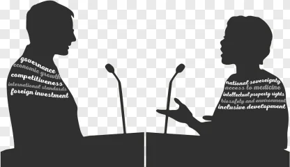 Silhouette debate panelists speaking at microphones with text graphics on a transparent background.