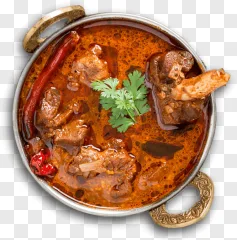 A bowl of spicy lamb stew with chilies and cilantro on a transparent background.