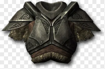 A steel plate armor cuirass with fur trim is shown on a transparent background.
