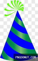 A blue and green striped party hat with a green swirl on top, available as a transparent PNG.
