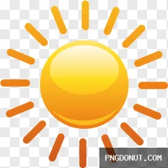 Transparent cartoon glossy yellow orange sun with shining rays PNG.
