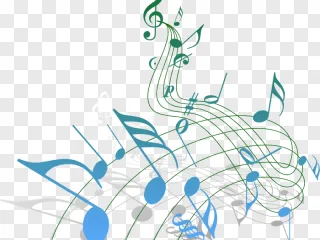 Swirling musical notes and melody staffs illustrated on a transparent background.