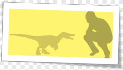 A T-Rex and a crouching person in silhouette on a transparent background.