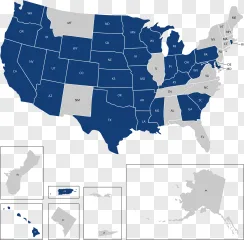 United States map with state abbreviations shown on a transparent background.
