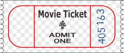 A vintage movie ticket with admit one text displayed on a transparent background.
