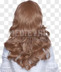 Back view of a wavy brown wig shown on a transparent background.