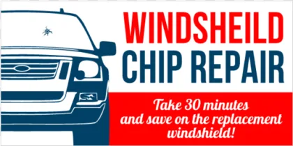 A promotional banner for windshield chip repair with a car illustration on a transparent background.