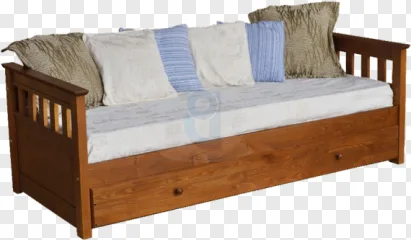 A wooden daybed with pillows and a mattress displayed on a transparent background.