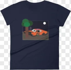 Graphic t-shirt featuring a wrecked muscle car illustration at nighttime shown on a transparent background.
