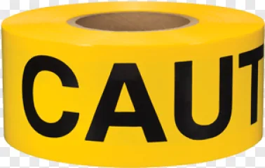 A roll of yellow caution tape with black text on a transparent background.