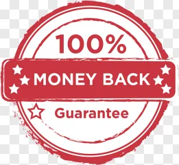 A 100 money back guarantee seal with stars shown on a transparent background.