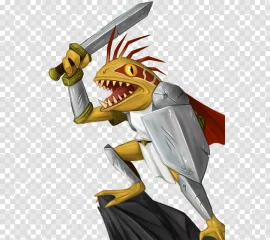 Agumon warrior in armor holding a sword on a transparent background.