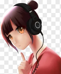 An anime girl wearing black headphones and a red shirt on a transparent background.
