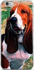 A Basset Hound portrait on a smartphone case on a transparent background.